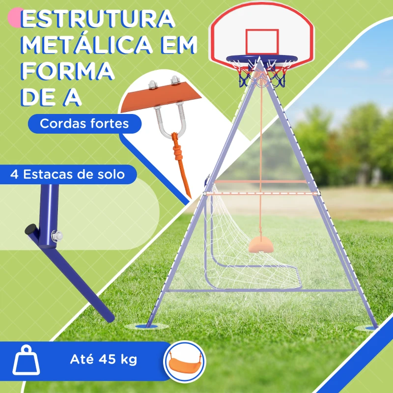 Outsunny Baloiço para Crianças 3 em 1 com Tabela de Basquetebol e Baliza de Futebol Desmontável e Estrutura de Aço Multicor