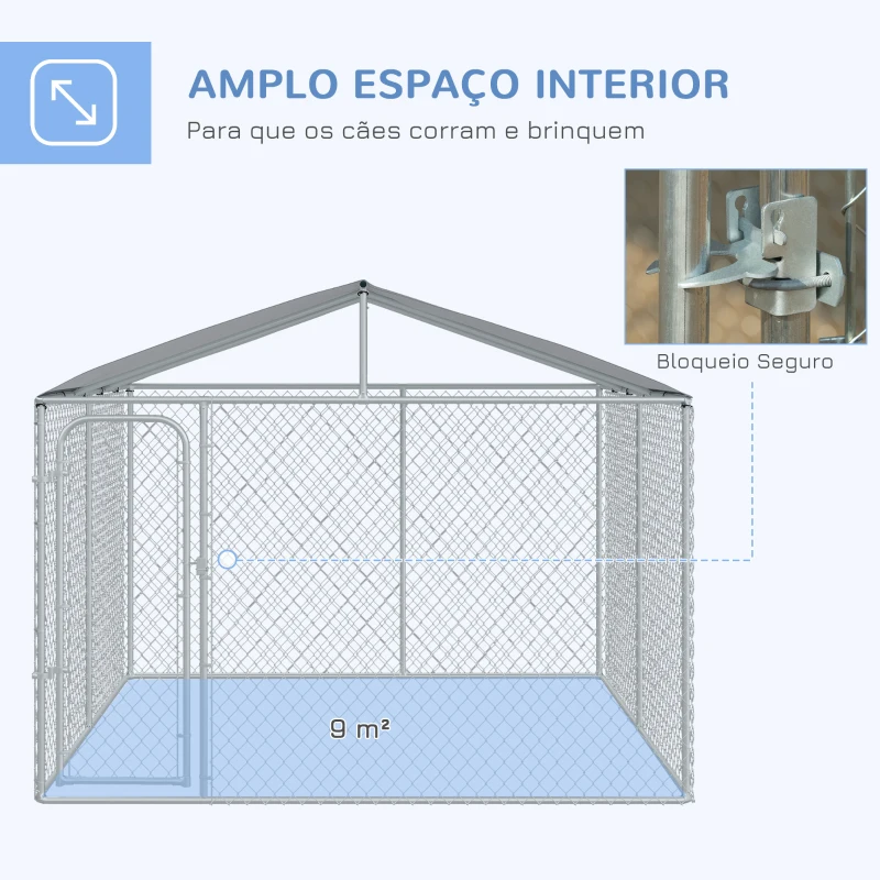 PawHut Canil de Exterior com Toldo Gaiola para Animais de Estimação com 1 Porta e Estrutura de Aço 300x300x234 cm Prata