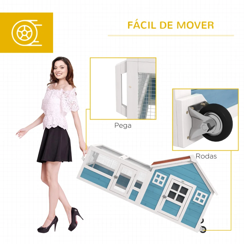 PawHut Coelheira Exterior de Madeira 162,5x59,2x77,6 cm Gaiola para Coelhos Grande com 2 Janelas Rodas Rampa e Teto Asfáltico Azul