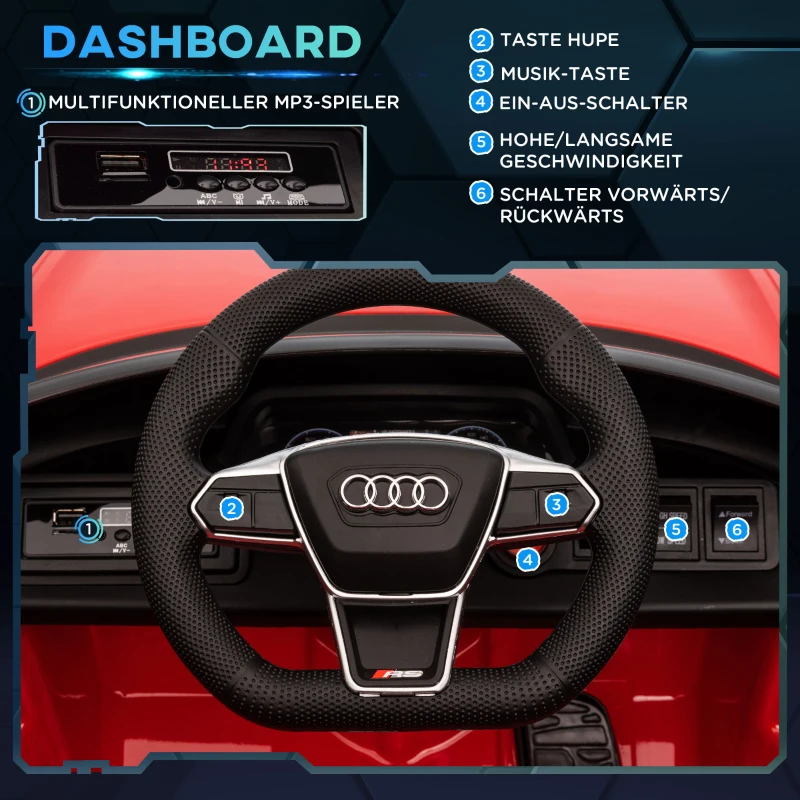 HOMCOM Samochód dla Dzieci, Elektryczny Samochód, Licencjonowane przez Audi, z Pasem Bezpieczeństwa, Pilotem, Światłem, czerwony + czarny, 103 x 58 x 41 cm