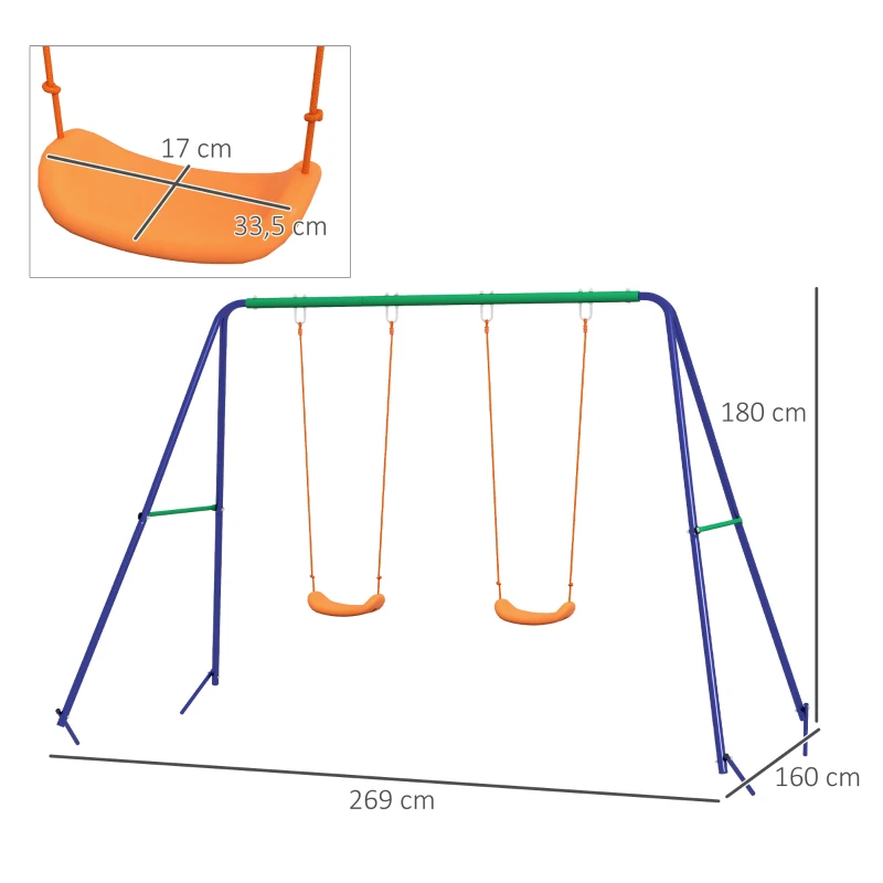 Outsunny Conjunto de Baloiço para Crianças com 2 Assentos Resistente aos Raios UV e Suporte de Metal 269x160x180 cm Multicor