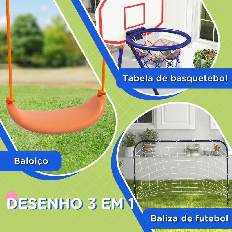 Outsunny Baloiço para Crianças 3 em 1 com Tabela de Basquetebol e Baliza de Futebol Desmontável e Estrutura de Aço Multicor