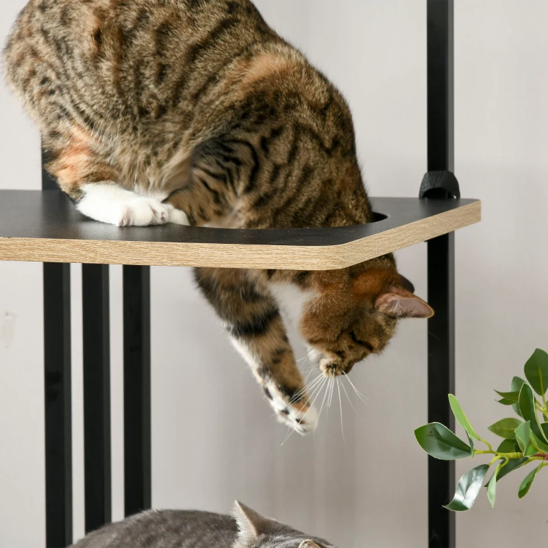 PawHut Cat Tree, Industrial Design, 3 Platforms, 2 Cushions, Scratching Wall, Steel Frame, Black, 85 x 48 x 170 cm