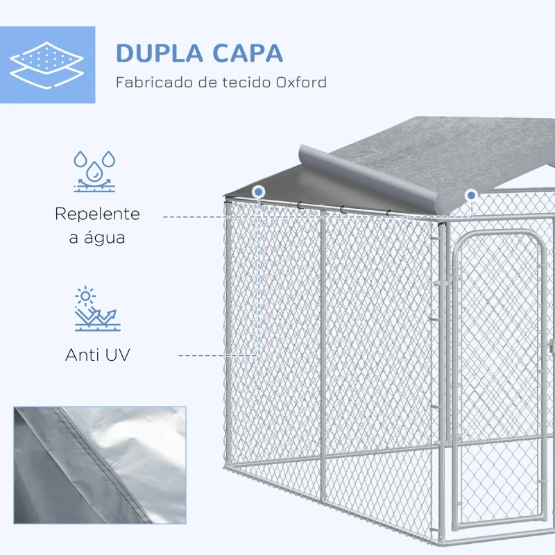 PawHut Canil de Exterior com Toldo Gaiola para Animais de Estimação com 1 Porta e Estrutura de Aço 300x300x234 cm Prata