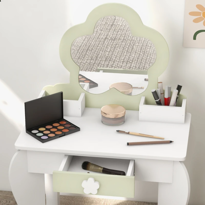 ZONEKIZ Toucador Crianças com Espelho e Banco Toucador de Maquilhagem para Crianças de 3-6 Anos 55x34x87,5 cm Branco e Verde Pastel