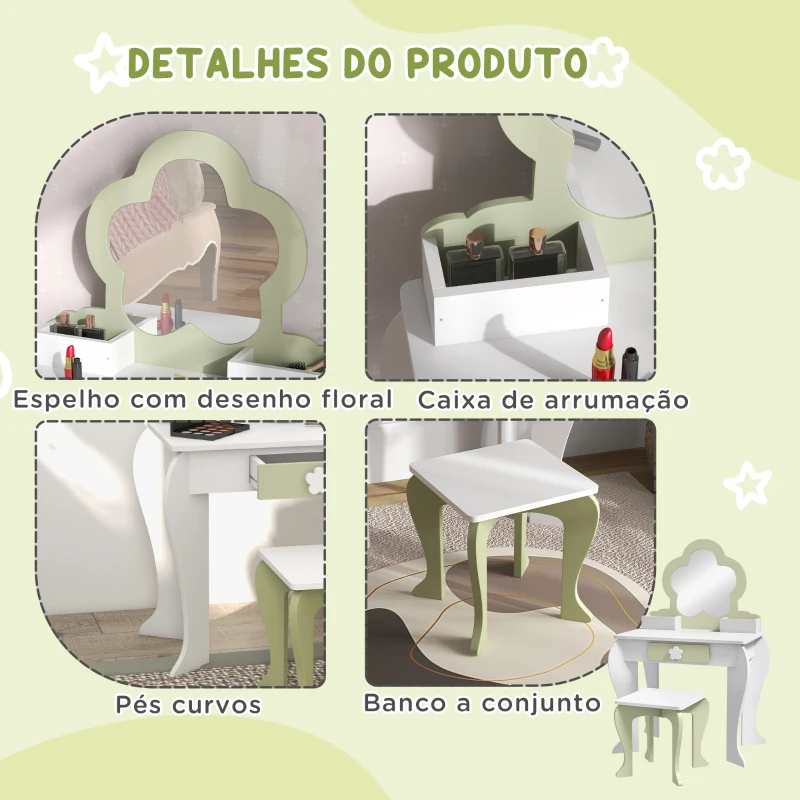 ZONEKIZ Toucador Crianças com Espelho e Banco Toucador de Maquilhagem para Crianças de 3-6 Anos 55x34x87,5 cm Branco e Verde Pastel