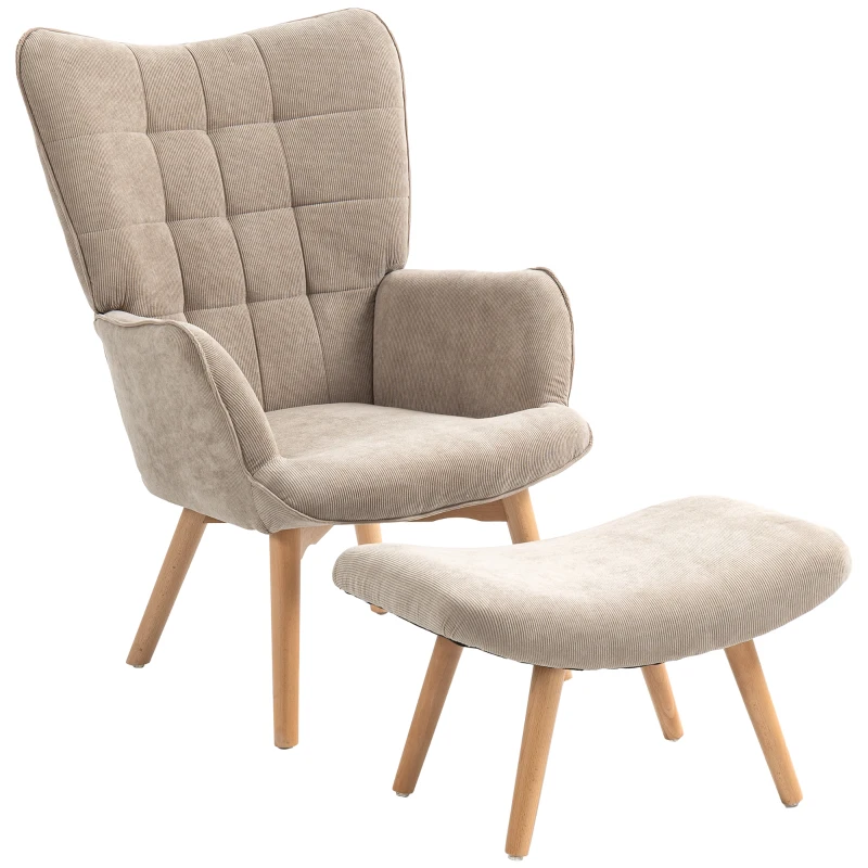 HOMCOM Accentfauteuil in Scandinavisch ontwerp, Oorfauteuil, Stoelset, Beukenhout, Corduroy-Look, Bruin(m-13)
