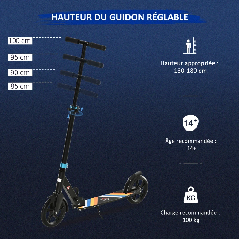 HOMCOM Trottinette Pliable Adulte Enfant à partir de 14 Ans béquille Frein à Friction arrière Hauteur Guidon réglable 4 niv. alu. métal Noir Multicolore
