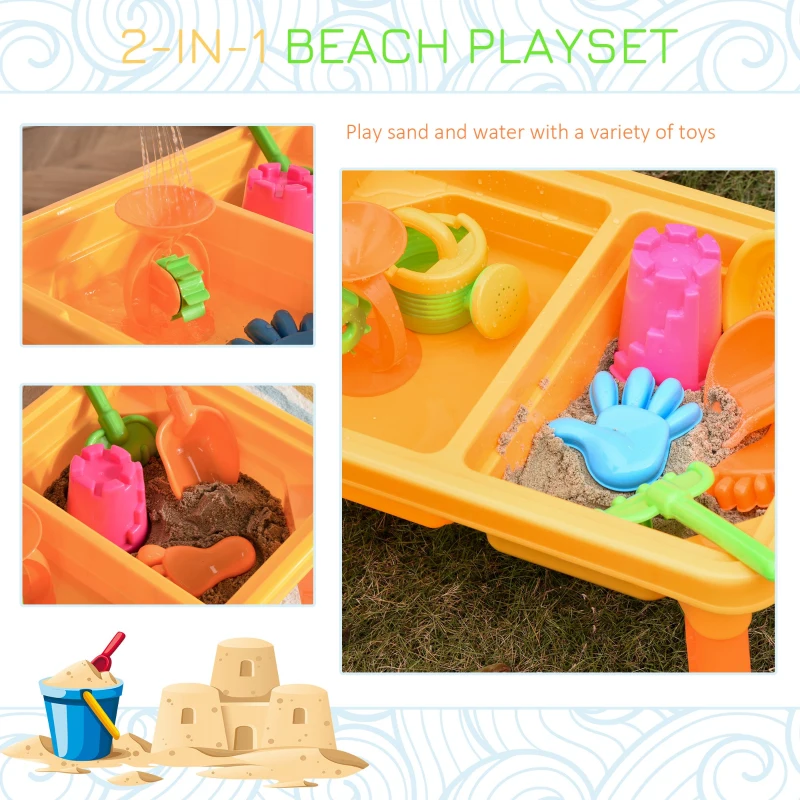 HOMCOM 16 Pcs Sand and Water Play Table Sand Pit Beach Toy Set 2 in 1 Outdoor Activities Playset with Lid and Accessories for 3 Years Old