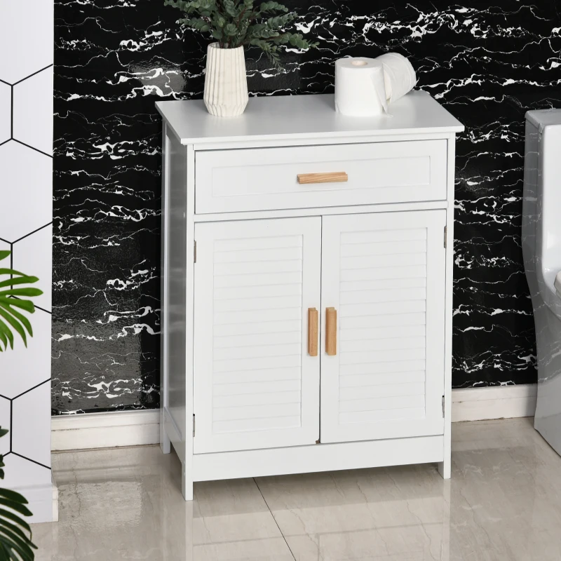 kleankin Armario Auxiliar para Baño Mueble Organizador Multifuncional con Cajón Estante Ajustable Interno 2 Puertas de Persianas Estilo Elegante 59x29x80 cm Blanco