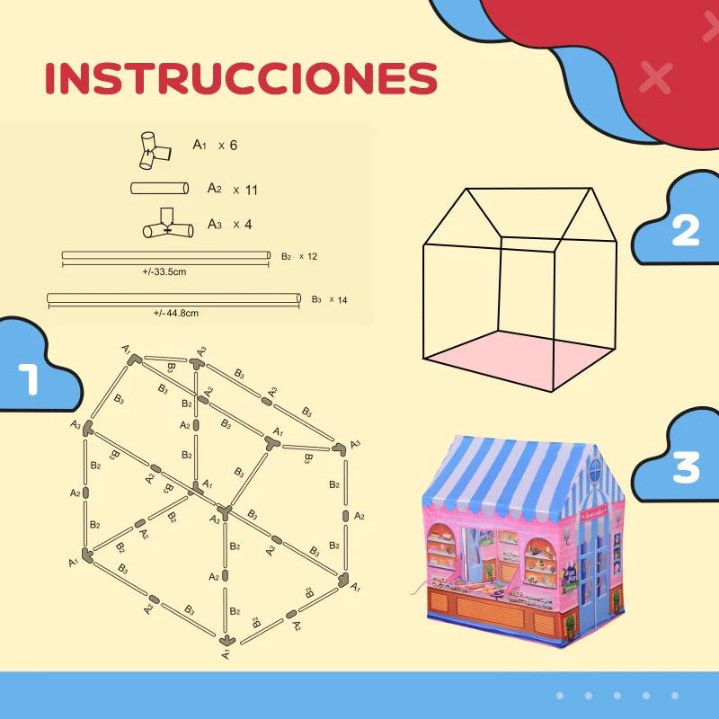 HOMCOM Tienda de Campaña para Niños Casita Infantil Tipi Infantil Tipo Pastelería Regalo para Niños de 3 Años 93x69x103 cm Rosa
