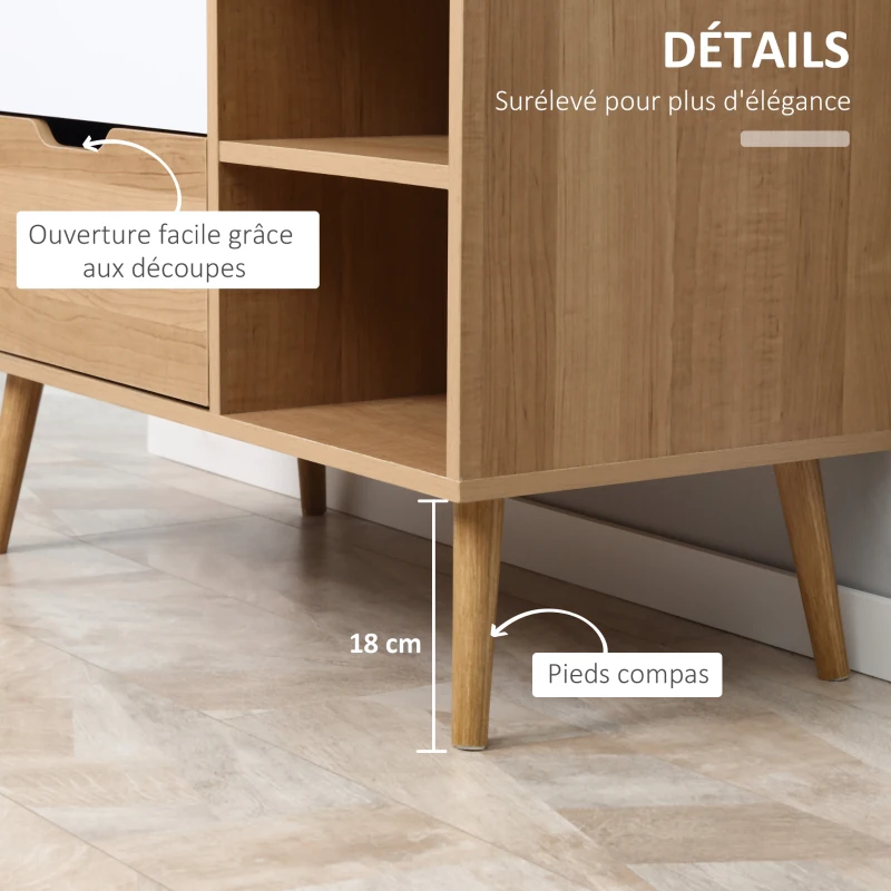 HOMCOM Buffet de salle à manger et cuisine Commode Meuble de Rangement sur Pieds avec 4 tiroirs 2 niches Style scandinave Blanc Aspect Bois Clair