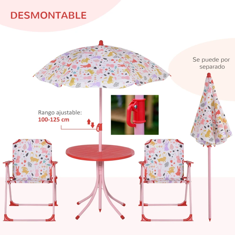 Outsunny Set de Mesa y Sillas Exterior Infantil Conjunto de Picnic Plegable para Jardín Juego de Mesa con Sombrilla Ajustable 100-125 cm Protección de UV Rojo