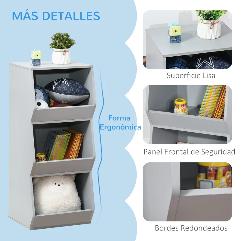 HOMCOM Estantería Infantil Librería de Madera para Niños con 3 Estantes Almacenamiento de Juguetes Libros para Habitación de los Niños Sala de Juegos 38x34,5x90 cm Gris