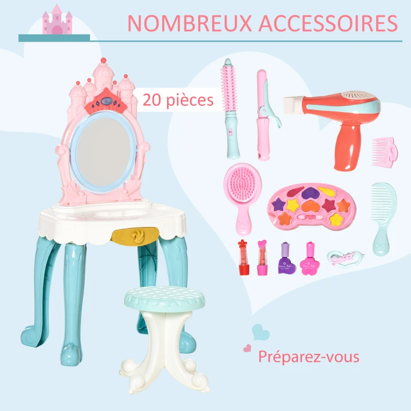 HOMCOM Coiffeuse Enfant avec Tabouret Design château de Princesse - Effets Lumineux et sonores - 12 Accessoires - ABS PP Multicolore