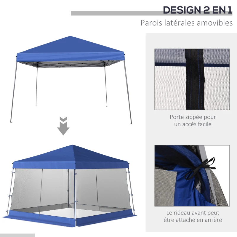 Outsunny Tonnelle 3 x 3 m barnum automatique pop-up 4 moustiquaires amovibles 2 zippées bleu