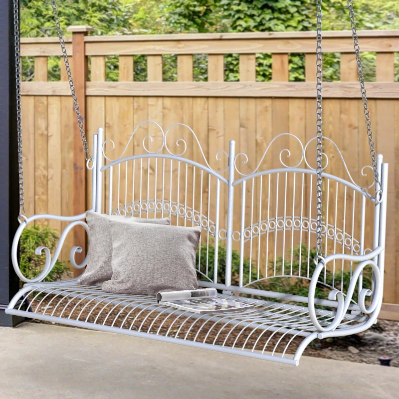 Outsunny Garden Bench Outdoor Metal 2-Seater Swing Chair Hanging Hammock Garden Furniture Balcony White - 118Lx 58W x 57H cm