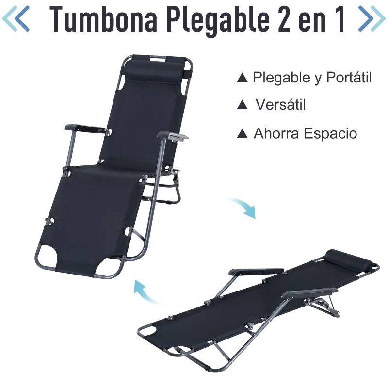Outsunny Tumbona Relax Plegable con Respaldo Ajustable Reposabrazos Almohada y Reposapiés Carga 136 kg 135x60x89 cm Negro