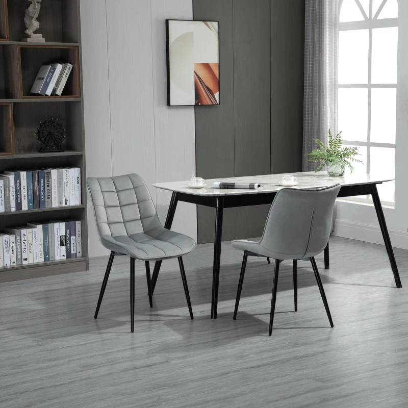 HOMCOM Conjunto de 2 Sillas de Comedor Tapizadas en Terciopelo Acolchadas con Patas de Metal de Estilo Nórdico y Vintage 46x58,5x85,5 cm Gris
