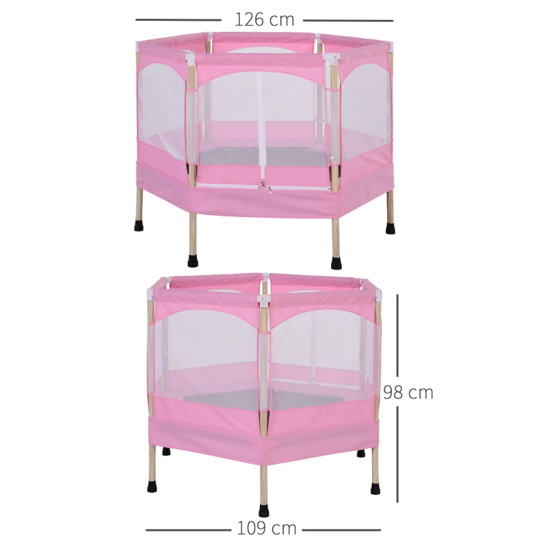 HOMCOM Cama Elástica para Niños de 3 Años Trampolín Infantil con Red de Seguridad para Interior Carga 80 kg 126x109x98 cm Rosa