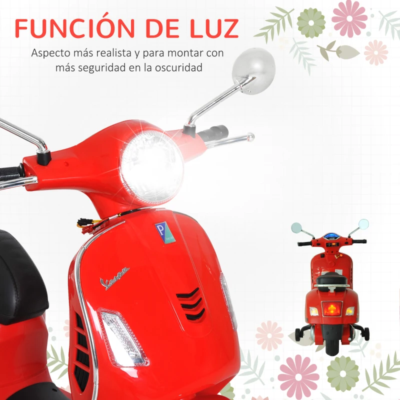HOMCOM Moto Eléctrica Infantil Coche Triciclo Vespa Scooter Eléctrico a Batería con Luz MP3 USB Bocina para Niños Más de 3 Años Carga 25kg Rojo(m-4)