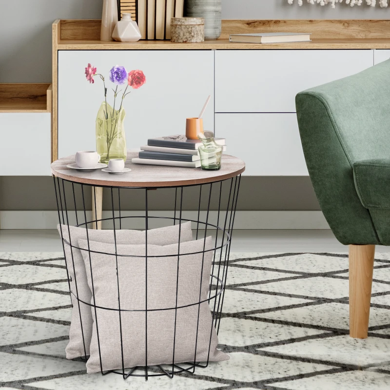 HOMCOM Mesa Auxiliar Redonda Mesa de Centro de Estilo Industrial Perfecta para Salón o Dormitorio por Gran Espacio de Almacenaje Φ39.5x43cm Madera y Negro