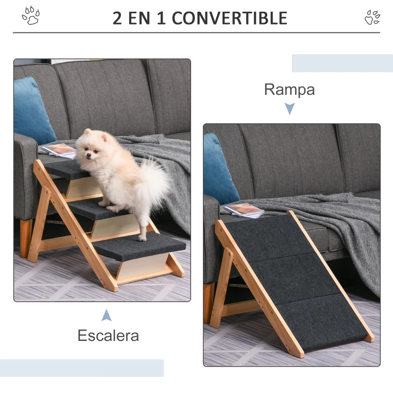 PawHut Escalera de Madera para Perros Plegable 2 en 1 Rampa para Mascotas Portátil con 3 Escalones para Acceso al Sofá y Cama Alta 60x47x50 cm Negro y Natural