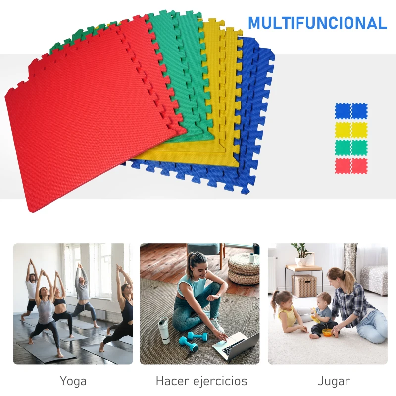 HOMCOM Alfombra Puzzle para Niños 8 Piezas Alfombrillas de Juego Espuma EVA con Área de Cobertura 2,88 m² No Tóxica 60x60x1,2 cm Multicolor