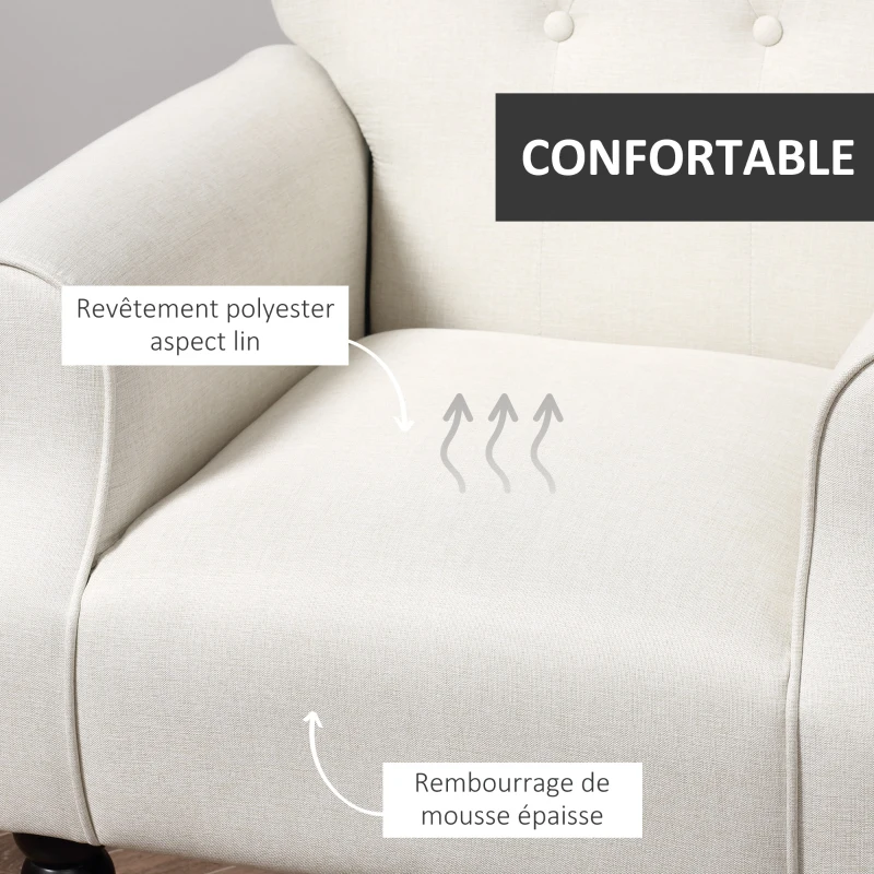 HOMCOM Fauteuil Classique Esprit bohème-Chic Dossier 5 Boutons accoudoirs courbés piètement Bois hévéa Noir revêtement Aspect Lin écru