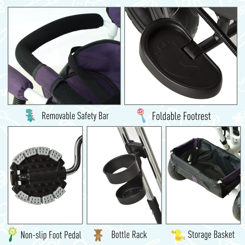 HOMCOM Kids Polyester Sun Canopy Ride-On Tricycle Baby Stroller w/ Handle Purple