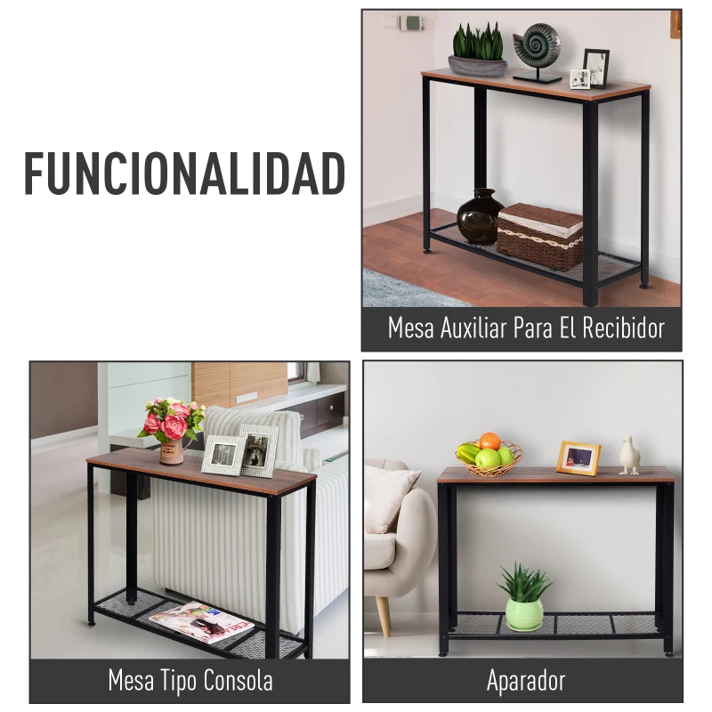 HOMCOM Mesa de Consola Industrial Mesa de Entrada con Estante Inferior de Malla Metálica Carga 30 kg 101x35x80cm Marrón y Negro