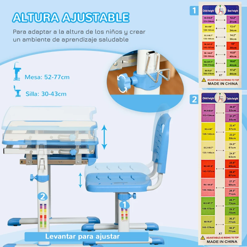 HOMCOM Pupitre Infantil 2 en 1 Juego de Escritorio y Silla para Niños de +6 Años con Altura Ajustable Mesa Regulable en Ángulo y Bandeja Deslizante 66x47x77 cm Azul