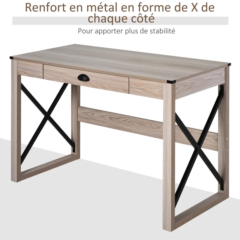 HOMCOM Bureau Design Industriel Grand Plateau et tiroir métal Noir Panneaux Particules Imitation chêne Clair