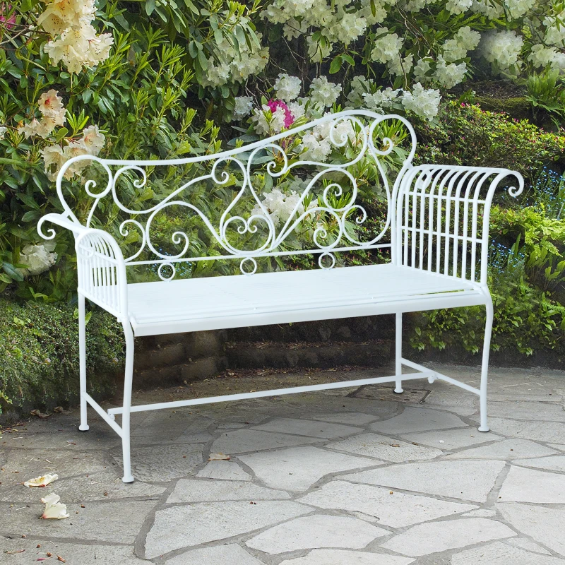 Outsunny Garden 2 Seater Metal Bench Outdoor Seating Furniture Chair w/Decorative Backrest White