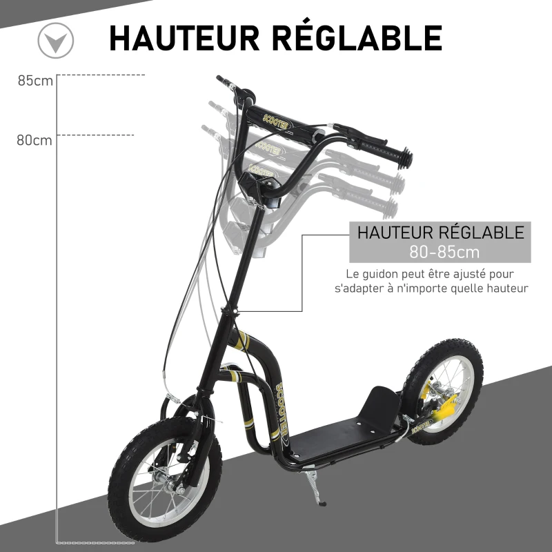 HOMCOM Trottinette enfants, grandes roues pneumatiques 12 pouce en caoutchouc, charge 100 kg, trottinette tout terrain avec double freins, hauteur réglable et béquille latérale, 5 à 12 ans, noir(m-4)