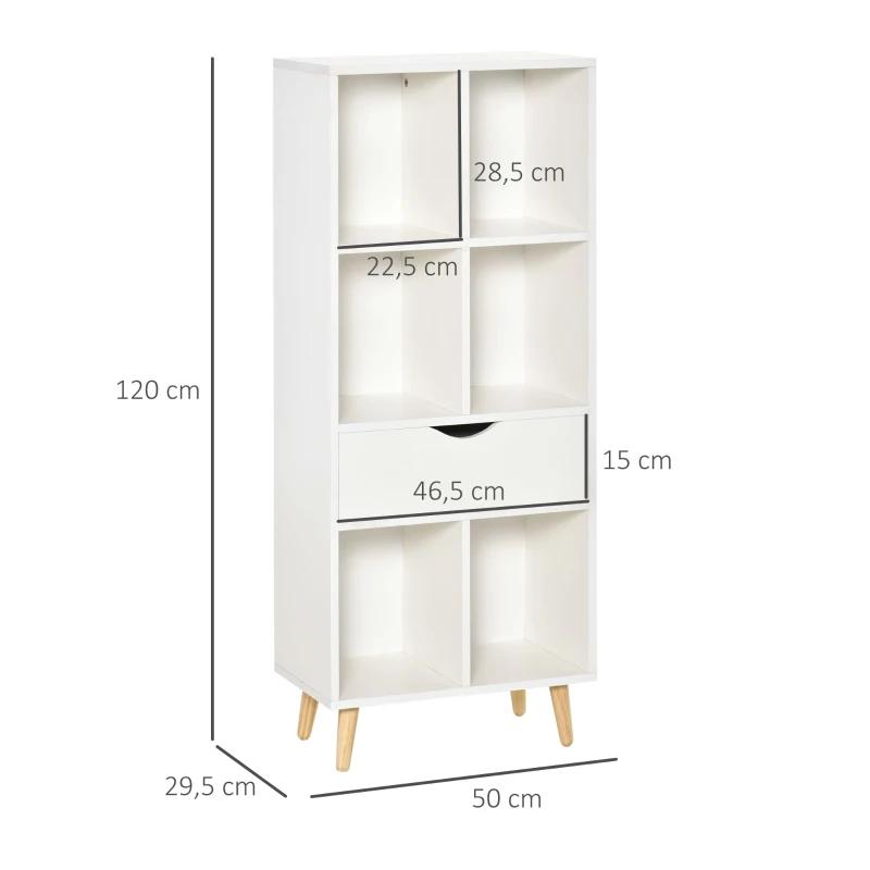 HOMCOM Estantería para Libros con 1 Cajón y Patas de Madera 6 Compartimentos Abiertos de Almacenaje 50x29,5x120 cm Blanco