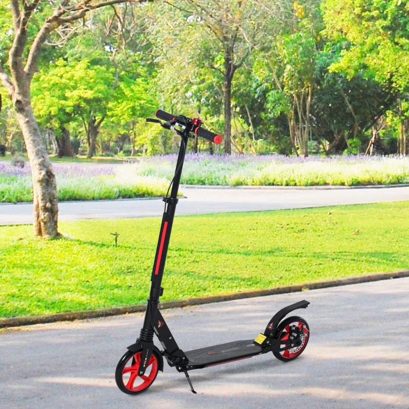 HOMCOM Trottinette pliable adulte béquille frein disque arrière double système d'absorption de choc hauteur guidon réglable 3 niv. alu. ABS rouge noir