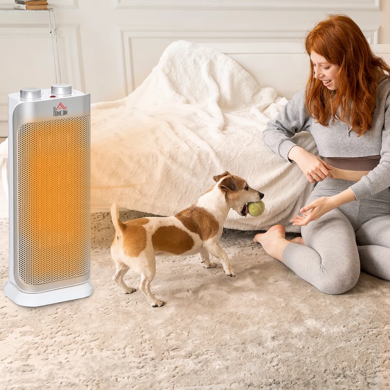 HOMCOM Electric Space Heater Table Top Freestanding Oscillating Ceramic Heater with 2 Heat and Fan, Tip-Over and Overheat Protection for Home and Office, 1000W/2000W, White