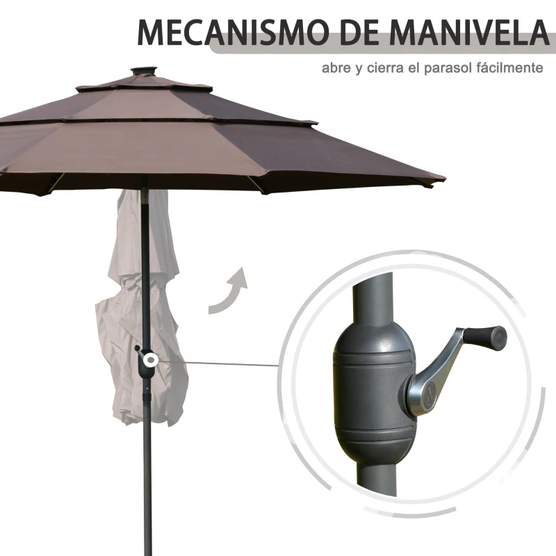 Outsunny Sombrilla de Jardín Ø300x250cm con Luces LED y Panel Solar Manivela Ángulo Ajustable en 3 Posiciones Parasol para Patio Terraza Piscina Café