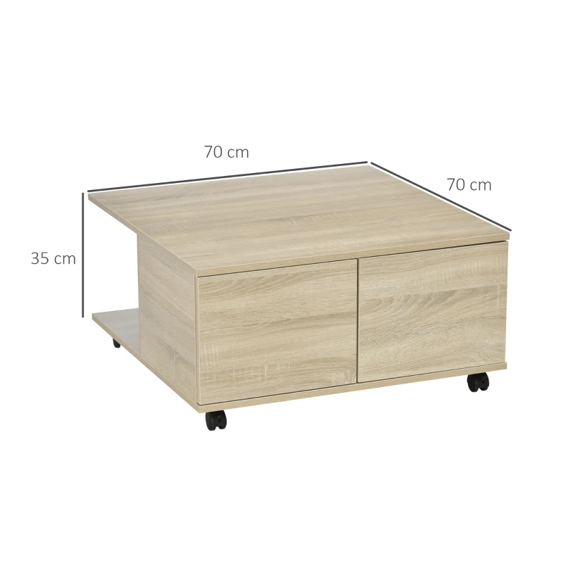 HOMCOM Mesa de Centro con Ruedas Mesa Baja de Salón con 2 Estantes Abiertos y 2 Cajones de Almacenaje 70x70x35 cm Natural