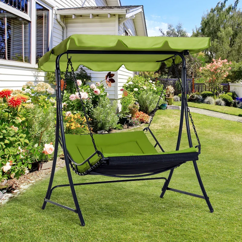 Outsunny 2 Seater Garden Swing Seat Bed, Sun Lounger with Adjustable Canopy, Cushioned Seat and Weather Resistant Steel Frame for Patio, Yard, Green
