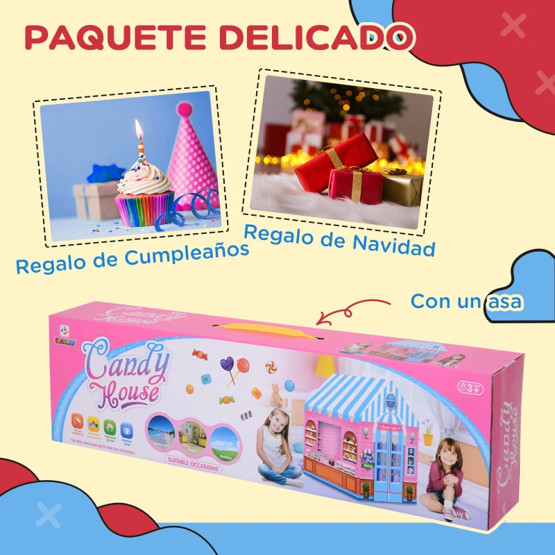 HOMCOM Tienda de Campaña para Niños Casita Infantil Tipi Infantil Tipo Pastelería Regalo para Niños de 3 Años 93x69x103 cm Rosa