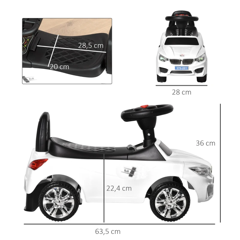 HOMCOM Coche Correpasillos para Niños de 18-36 Meses con Faros Música Bocina Volante Espacio de Almacenaje y Asa Blanco(m-3)