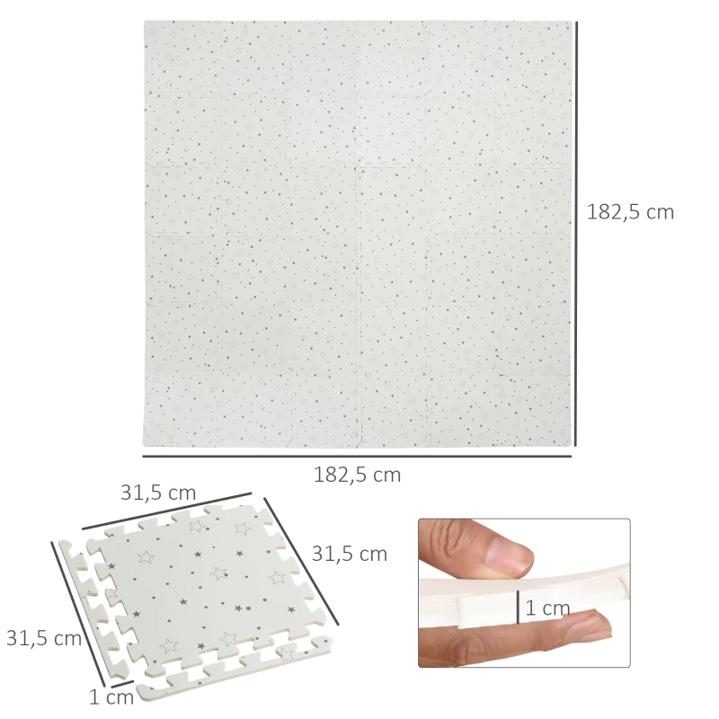 HOMCOM Alfombra Puzzle para Bebés 36 Piezas 31,5x31,5 cm Juego Rompecabezas Infantil Modelo Estrellas de Espuma EVA Área de Cobertura 3,24 m² Blanco