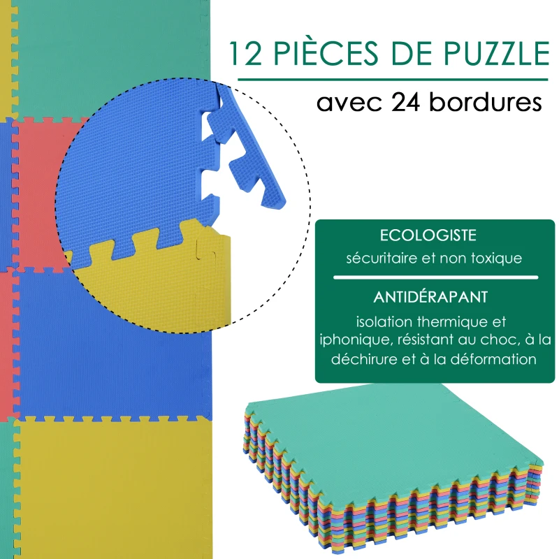 HOMCOM Tapis de Sol en Mousse Tapis Puzzle interconnectables dim. 63L x 63l x 1H cm 12 pièces Grande Surface 4,32 m² Multicolore