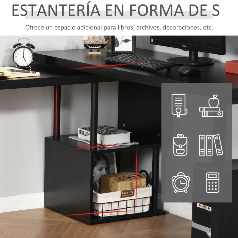 HOMCOM Mesa Escritorio en L Mesa para Oficina Giratoria 360 Grados Múltiples Formas con Estante en S de 2 Niveles Gran Espacio de Almacenaje 220x55x76 cm Negro