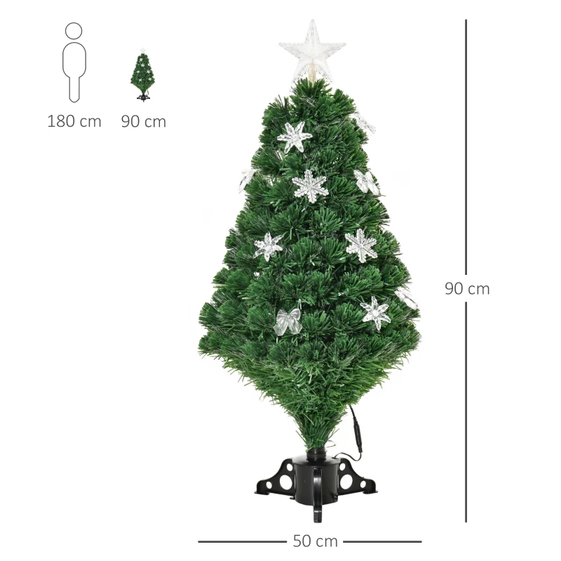 HOMCOM 3FT Prelit Artificial Christmas Tree Fiber Optic LED Light Holiday Home Xmas Decoration Tree with Foldable Feet, Green