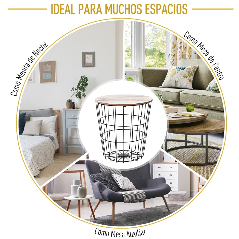 HOMCOM Mesa Auxiliar Redonda Mesa de Centro de Estilo Industrial Perfecta para Salón o Dormitorio por Gran Espacio de Almacenaje Φ39.5x43cm Madera y Negro