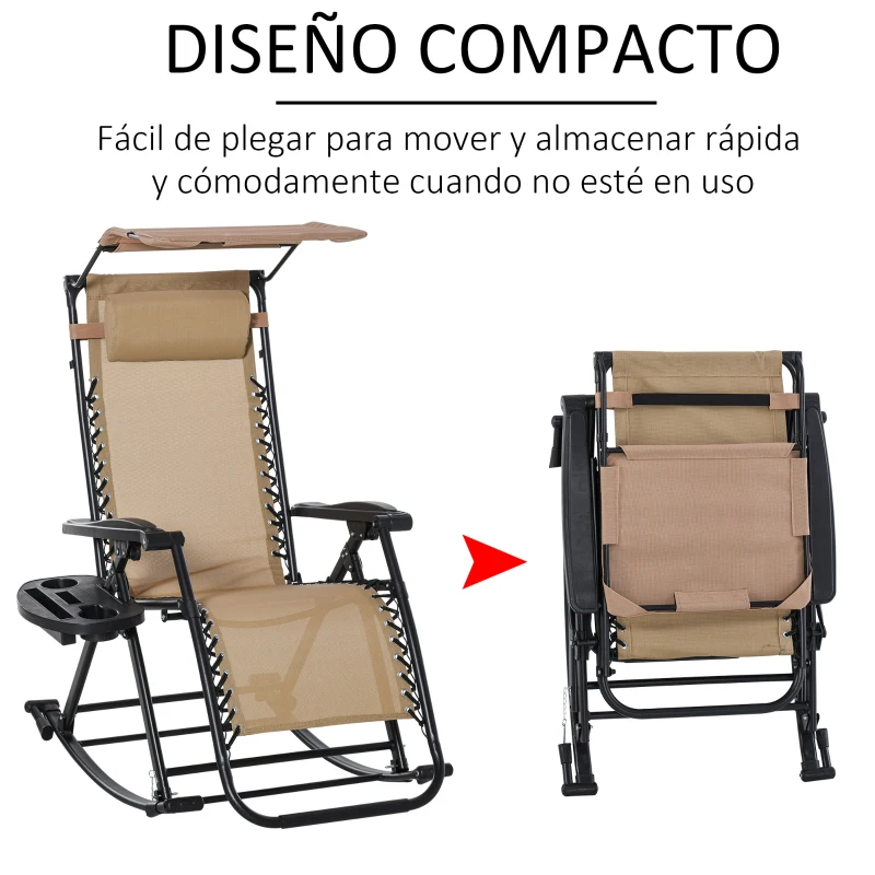 Outsunny Silla Mecedora de Jardín Plegable Tumbona Reclinable con Techo Protección Solar Reposacabezas Extraíble y Reposapiés Estructura de Acero 120x67x102 cm Beige