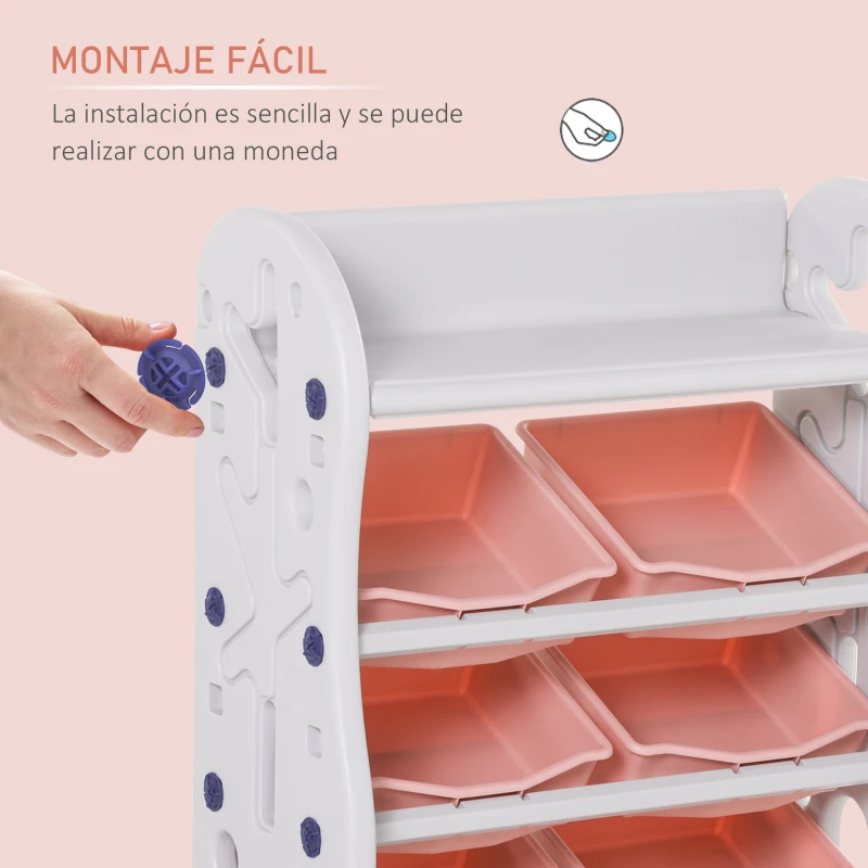 HOMCOM Estantería Infantil de Juguetes Organizador Almacenaje de Niños con 6 Cajas y Estante de HDPE para Sala de Juegos Guardería Libros 76x36x92 cm Coral y Blanco